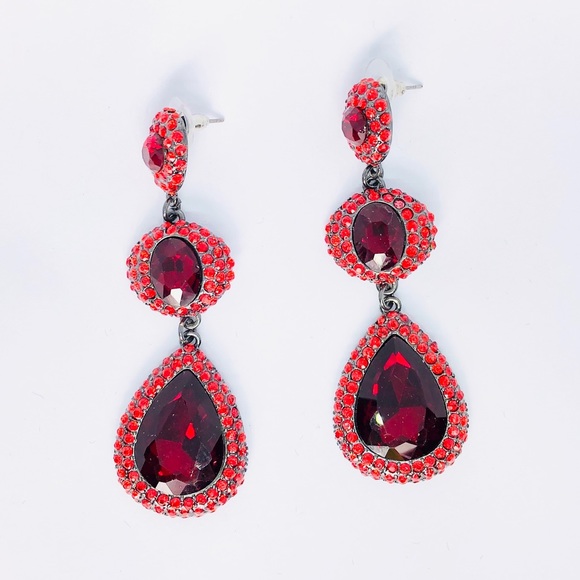 New! Red Crystals Beaded Chandelier Earrings - Picture 2 of 3